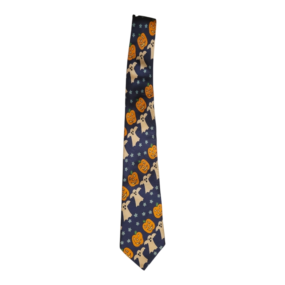 Lillian Vernon 100% Silk Blue Novelty Halloween Necktie Ghosts Pumpkins Stars